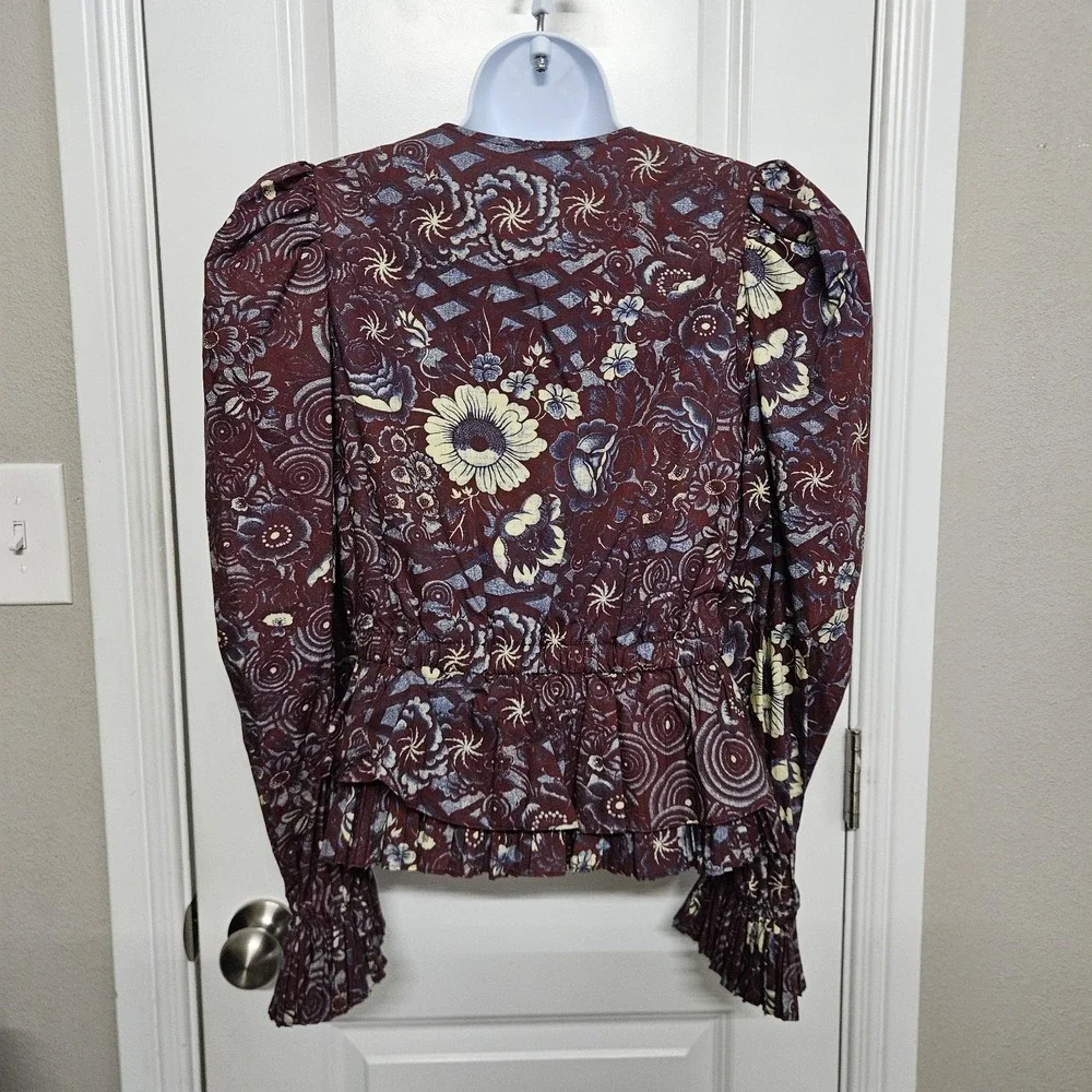 Ulla Johnson Floral Tie Front Blouse Puff Sleeve Bohemian Top Size 4